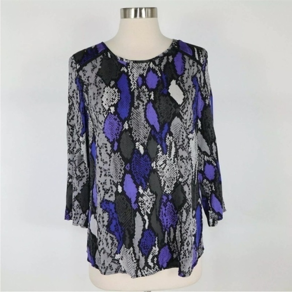 MILLY Blouse Top Silk Womens Pullover Snake Zipper Purple Blue Gray Black 8